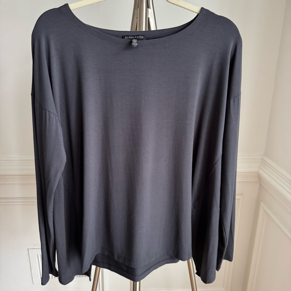 Eileen Fisher Charcoal Relaxed Fit Stretch Long Sleeve Top Shirt Small
